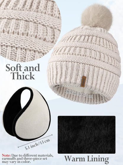 Aneco 4-in-1 Women Winter Beanie Hat Scarf Touchscreen Gloves Ear Warmer Set Fleece Lined Warm Knit Skull Cap with Pom Pom Oatmeal