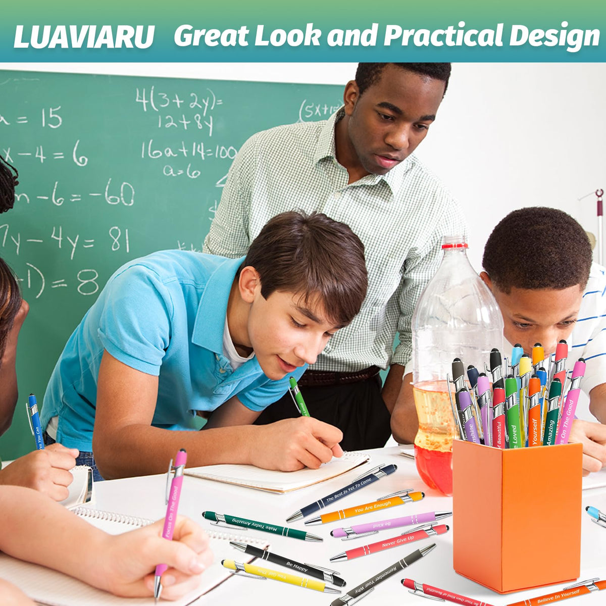 LUAVIARU 40 Piece Inspirational Pens Kit with Stylus Tip & Sayings – 20 Motivational Pen + 20 Individual Bags – Uplifting Quote & Positive Ideas – For Teachers, Office, School, Meetings, Team Events