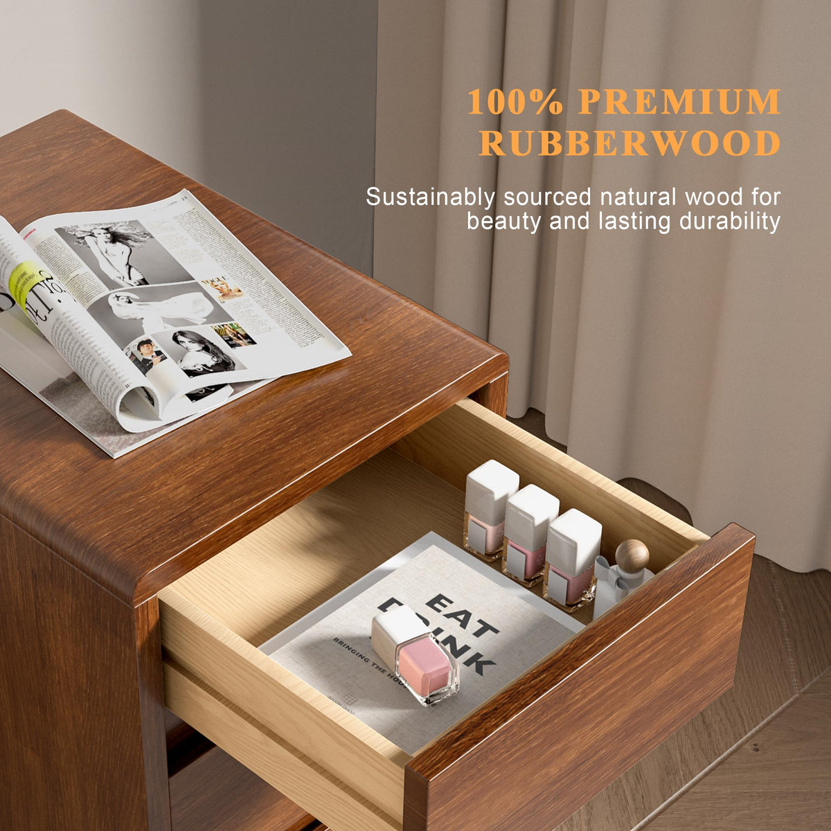 Narrow Nightstand 2 Drawers with Open Shelf Narrow Night Stand Solid Wood Bedside Table Mid Century Modern Nightstand Wooden End Table for Bedroom, Study, Office