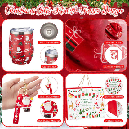 Patelai 10 Pcs Christmas Gifts Merry Christmas Gift Basket Set Xmas Hat 12 oz Tumbler Gift Bag Blanket Slippers Socks Candles Keychain Greeting Card for Women Wife Coworkers Friend Teacher