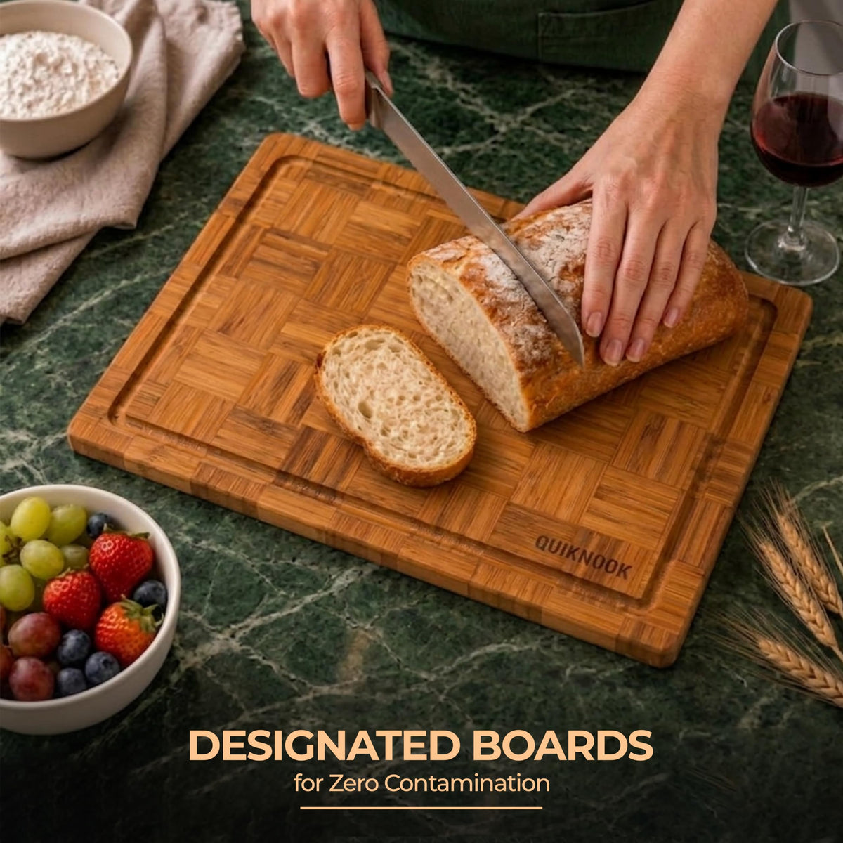Pack of 3 Pre-Oiled Bamboo Cutting Board Set with holder | Extra Thick End Grain Bamboo Wooden Cutting Board for kitchen with Deep Juice Grooves | Non Toxic Chopping Board Set with Build-in Handles