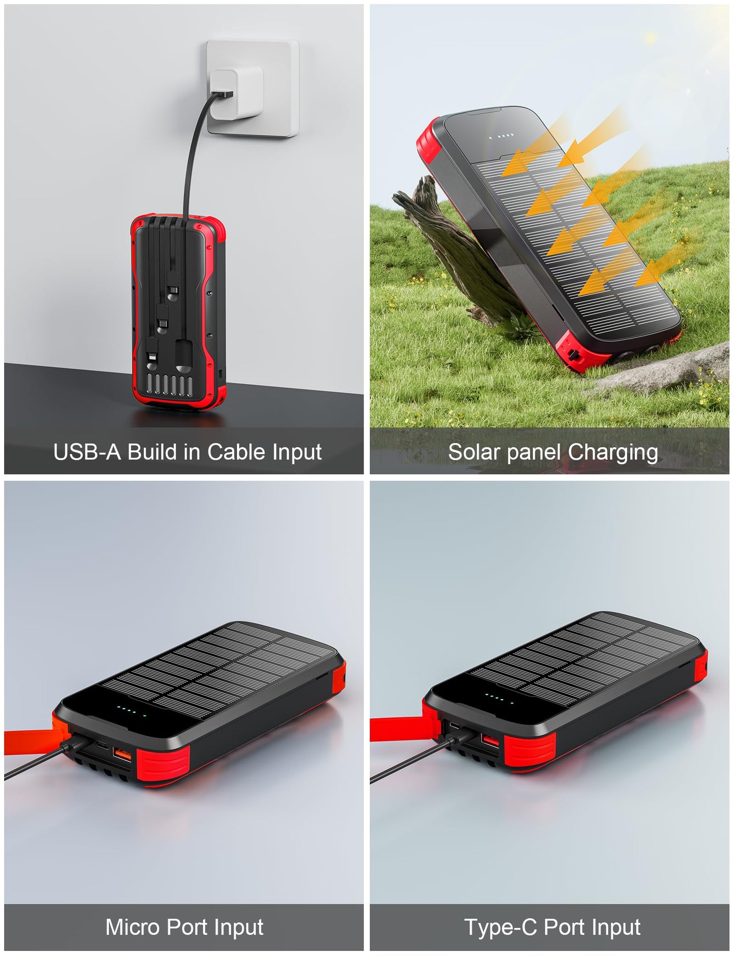 Solar Charger Power Bank, 40000mAh Portable Charger PD 20W Fast Charging Solar Power Bank Built in 4 Cables and USB-C in/Output, Camping Essentials External Battery Pack with Flashlights