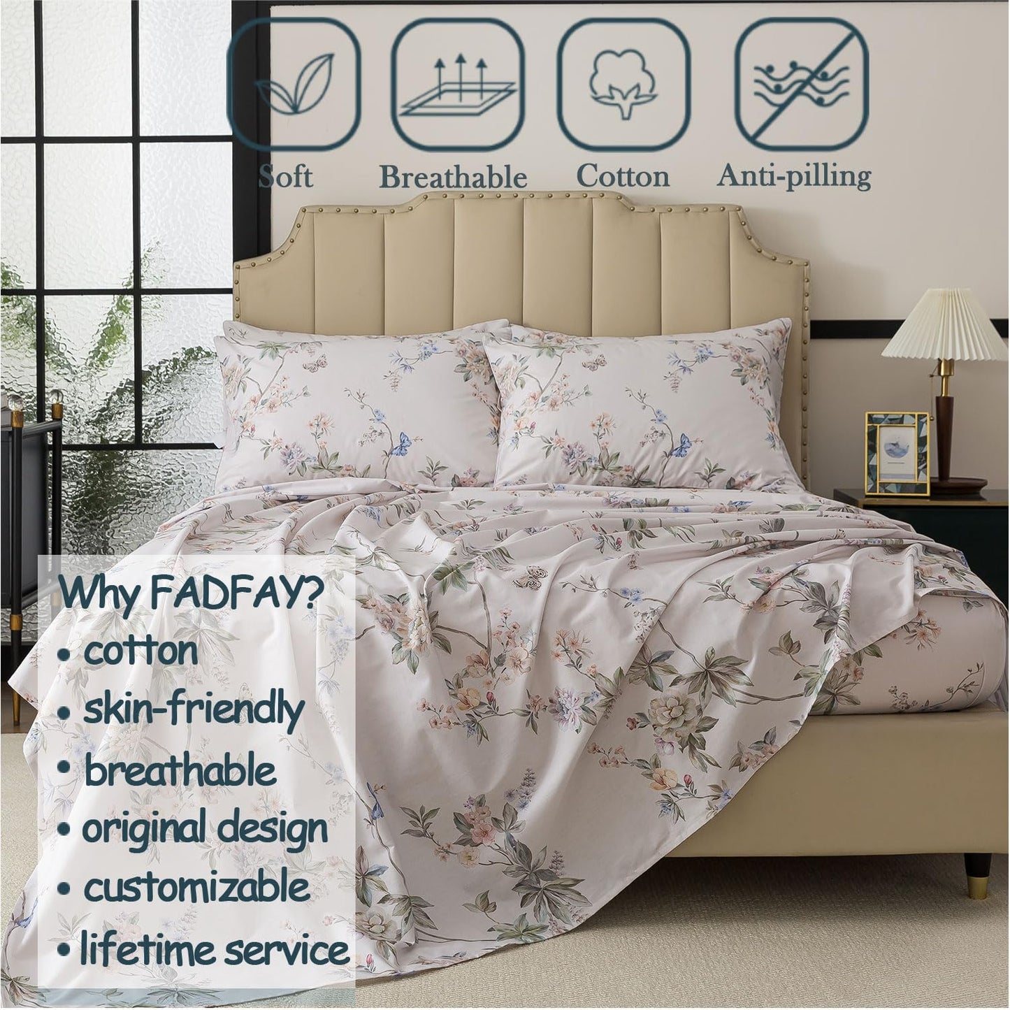 FADFAY California King Sheet Set Percale Cotton, Soft Deep Pocket Fitted Sheet, Country Style Floral & Butterfly Pattern Bedding for All Seasons, Crisp & Breathable for Hot Sleepers,4Pcs