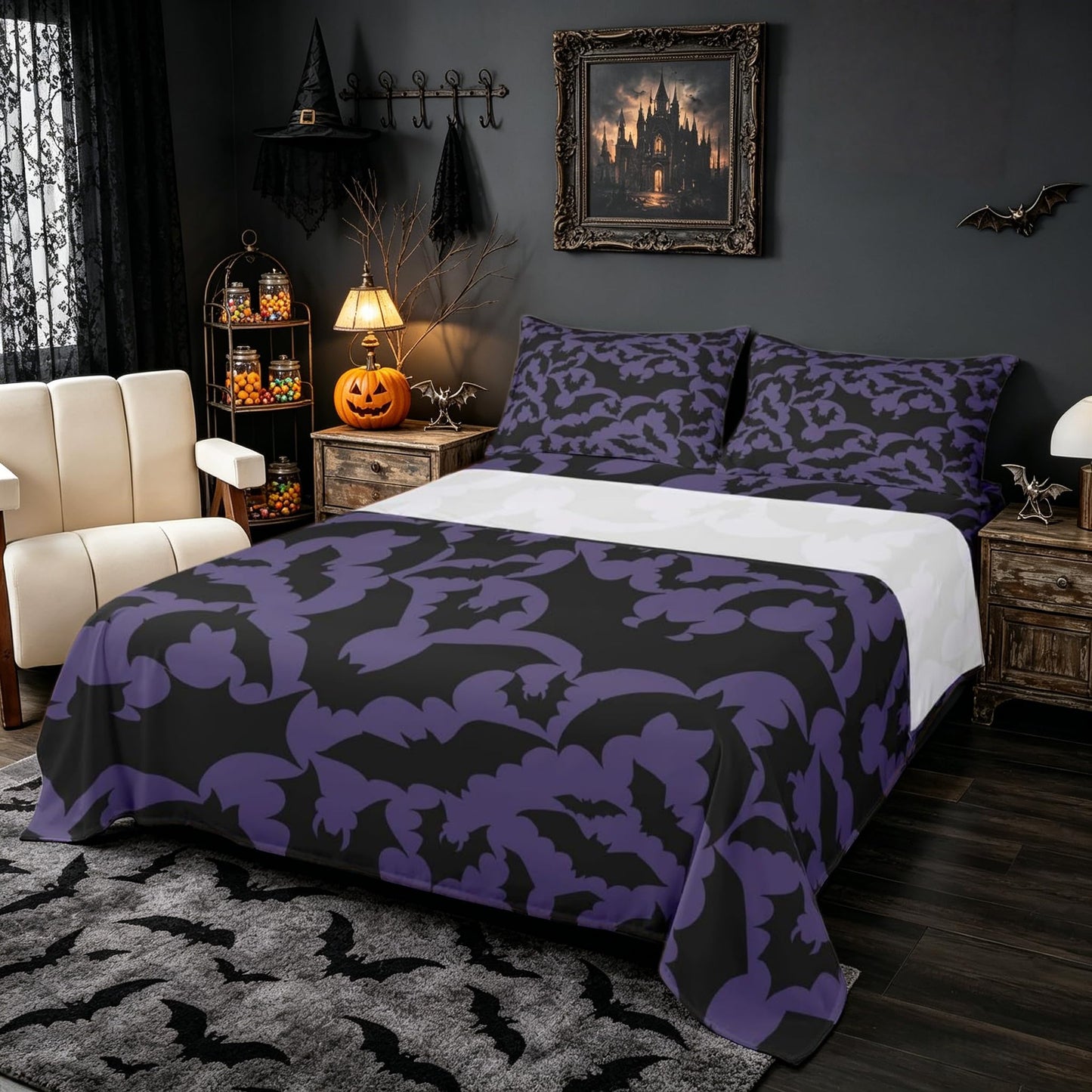 Castle Fairy Halloween Themed Full Fitted Sheet 4pcs,Black Bats Animal Print Bed Sheet Set for Girls Teens Bedroom,Dark Purple Color Polyester Bedding Set with 1 Flat + 2 Pillowcases