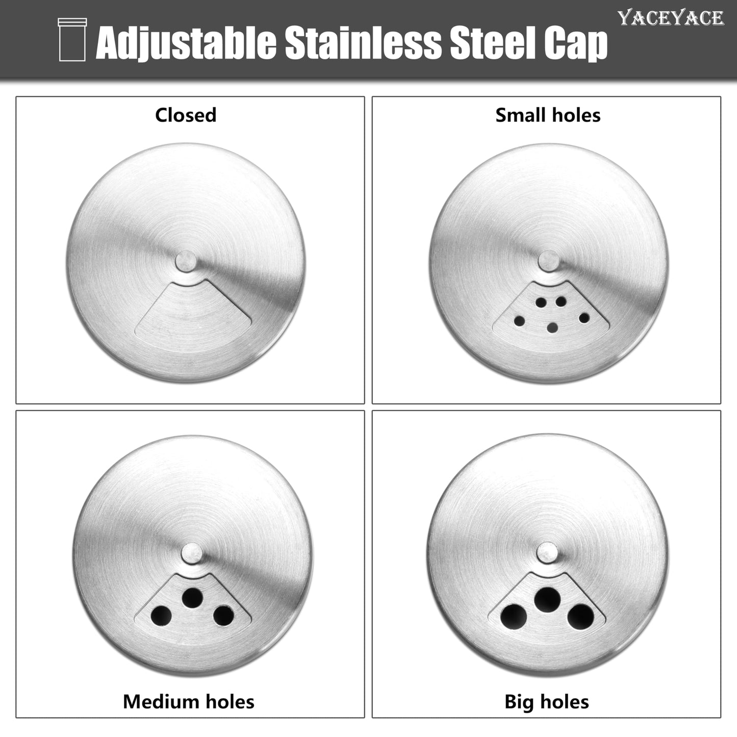 YACEYACE Stainless Spice and Salt Shakers, 6Pcs 3oz Part Clea Salt and Pepper Shakers with Holes and Adjustable Lids, Spice Jars with Label