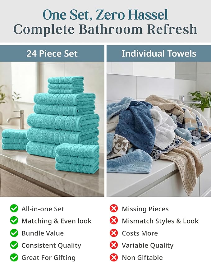 24-Piece Towels for Bathroom – 100% Cotton Towel sets, 2 Bath Sheets, 2 Bath
