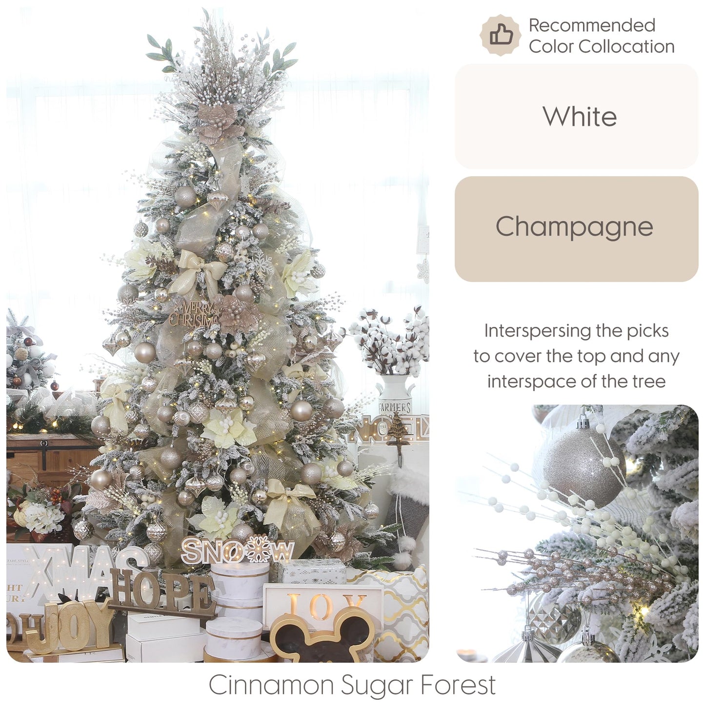 Sea Team 24-Pack Artificial Glitter Berry Stem Ornaments, Decorative Bead Sticks, Glittery Twigs, Picks, Branches for Christmas Tree, Small Vase, Holiday, Wedding, Party (17 Inches, Champagne)