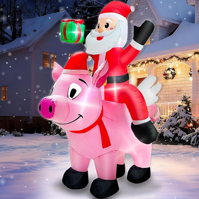 6 Ft Christmas Inflatable Outdoor Decoration, Blow Up Santa Claus Riding Flying Pig with Built in LEDs Lights,Christmas Inflatables with Gift Box for Farm Yard Garden Lawn Outside Indoor Holiday Party
