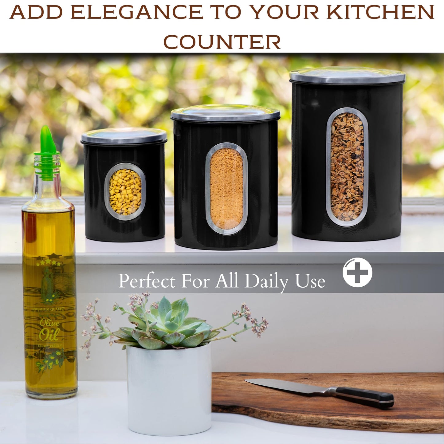 Moss & Stone 3-Piece Black Canisters Sets For The Kitchen, Airtight Canister Set With See Through Window, Storage Jars for Coffee Container, Tea Organizer & Sugar Canister, Black Kitchen Canisters