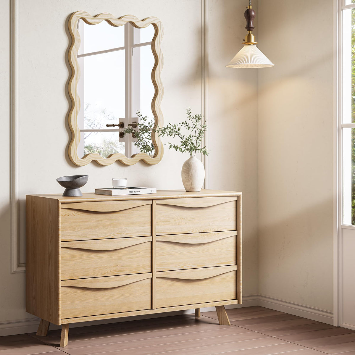 Pocetry 22"x30" Wood Wavy Wall Mirror for Powder Room, Solid Wood Squiggle Mirror for Vanity, Small Asymmetrical Irregular Mirror, Natural Wooden Boho Aesthetic Decor