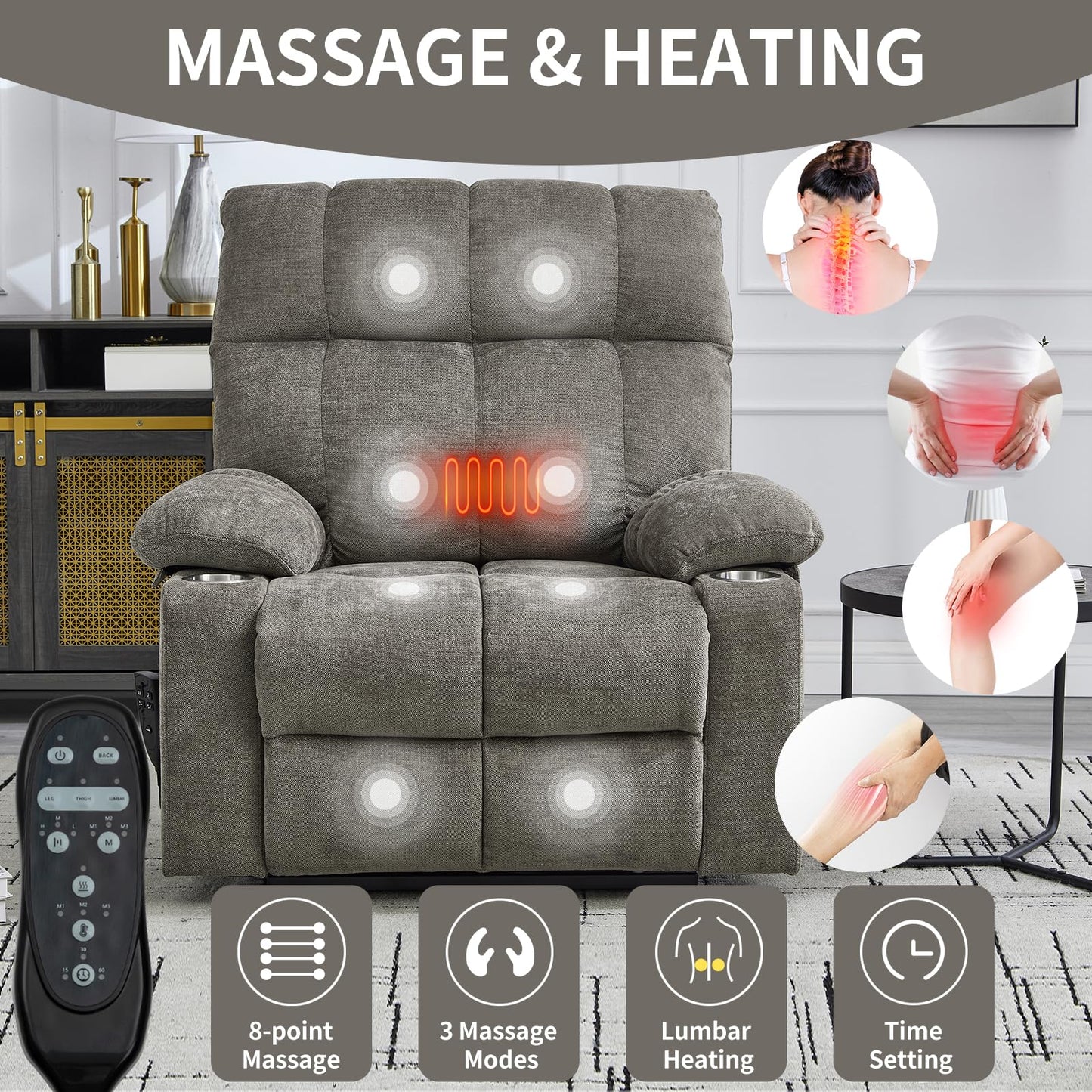 Dual Motor Power Lift Recliner Chair with Heat and Massage, Infinite Position Lift Chair, Oversized Chenille Recliner with 8-Point Vibration, Cup Holders and Side Pockets for Living Room, Brown