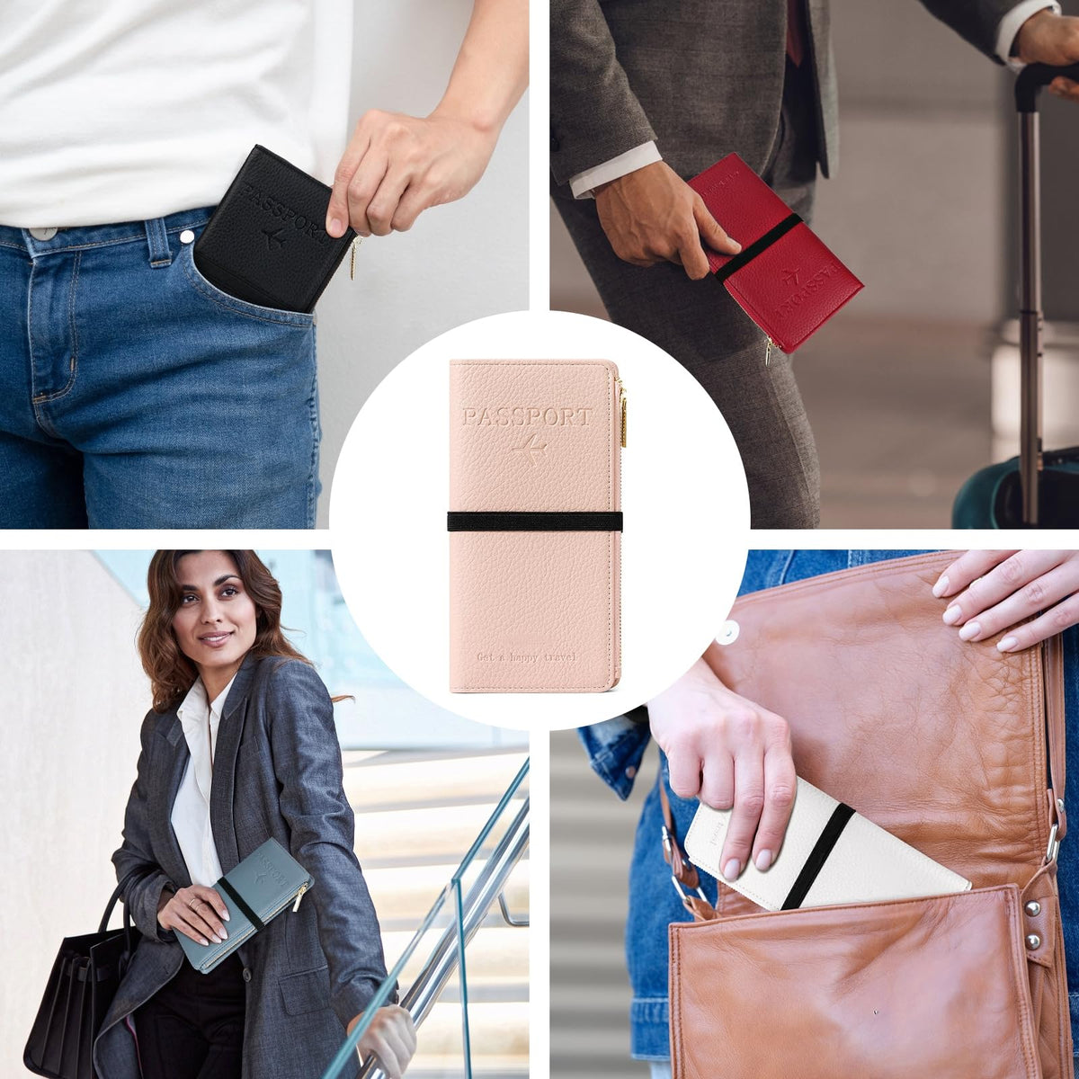 Dannir Travel Passport Wallet, RFID Blocking Passport Holder with Zipper, Passport Cover for Women Men, PU Leather Travel Document Organizer with Card Slots, Gift for Family Friends, Pink