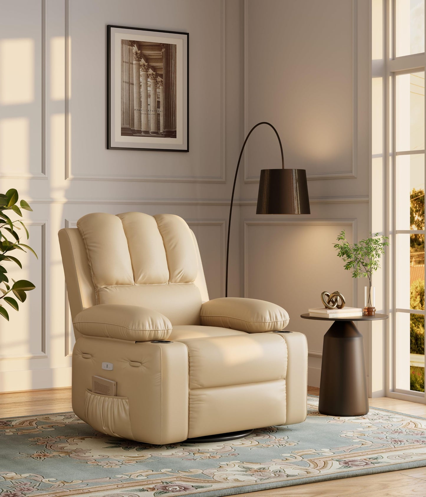 EliteEdge Oversized 27" Electric Recliner Chair with Massage & Heat, PU Leather Swivel Rocker Recliner with Remote Control and Cup Holders, Lounge Chair for Living Room, Bedroom, Nursery, Beige