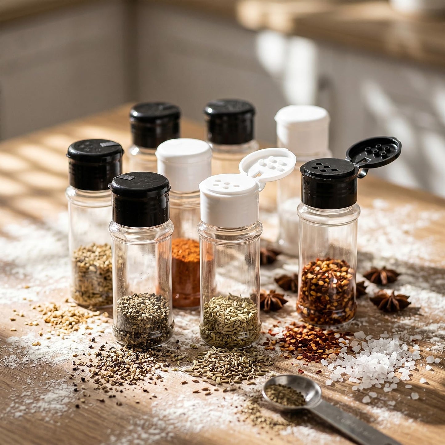 Mifoci 12 Pcs Plastic Salt and Pepper Shakers with Lid 3.5 oz Clear Moisture Proof Spice Dispenser Refillable Seasoning Container Storage Bottles for Kitchen Camping BBQ Black White