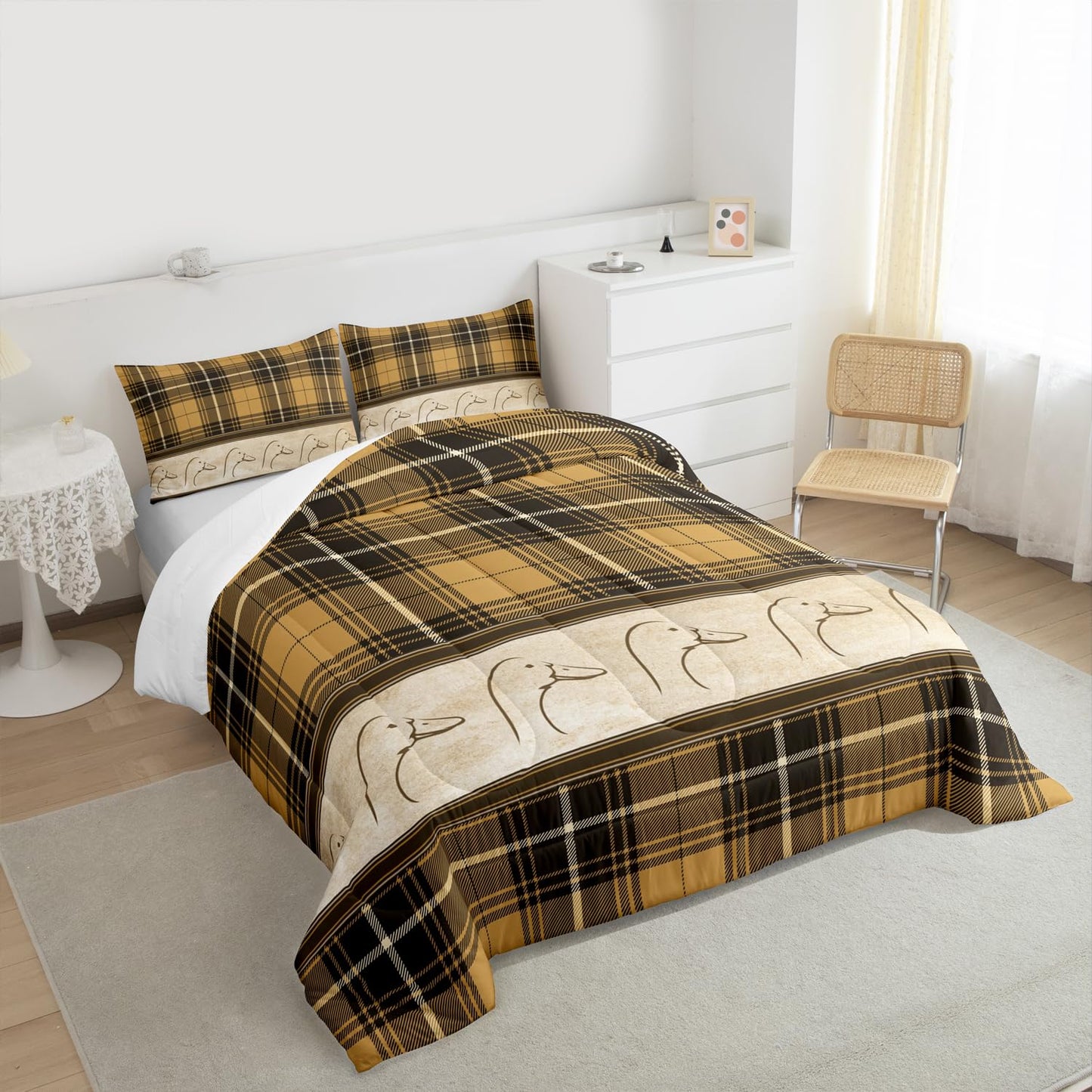 Ducks Silhouettes Kids Comforter Set Queen Size,Cartoon Animals Cute Bedding Set,Girls Boys Adults Bedroom Decor,Geometric Plaids Splicing Down Comforter,Brown Rustic Duvet Insert,2 Pillowcases