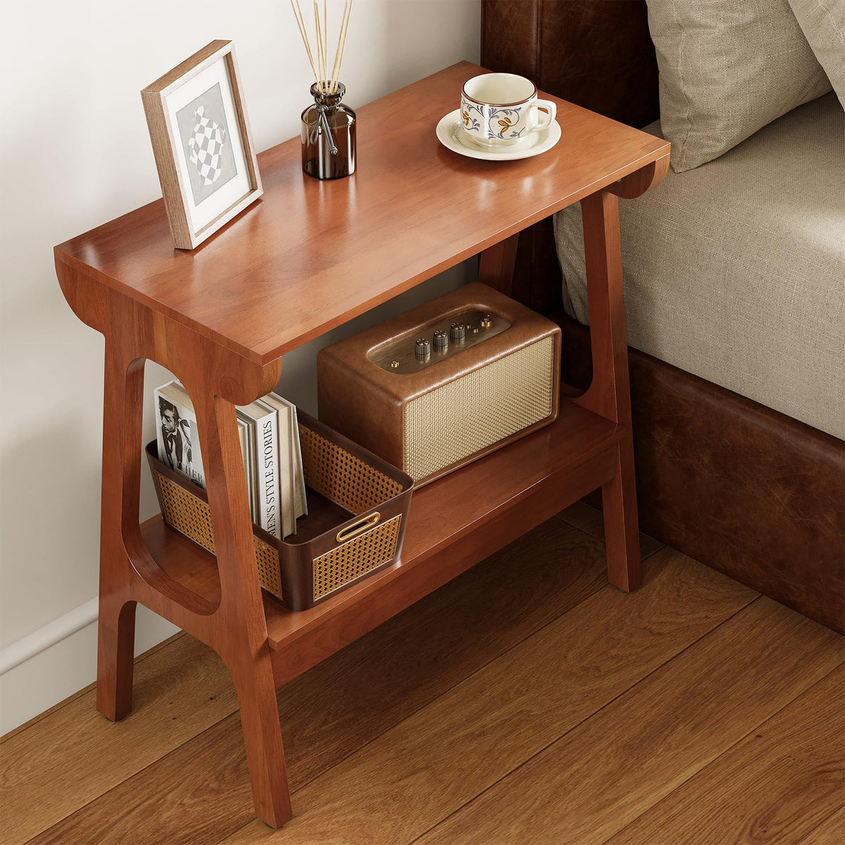 LITTLE TREE Solid Wood End Table, 24" H Small Wooden Side Table with Narrow 2-Tier Shelves, Slim End Tables for Small Spaces, Bedside Table for Bedroom,Living Room,Bathroom, Entryway (24" W x 11.8" D)