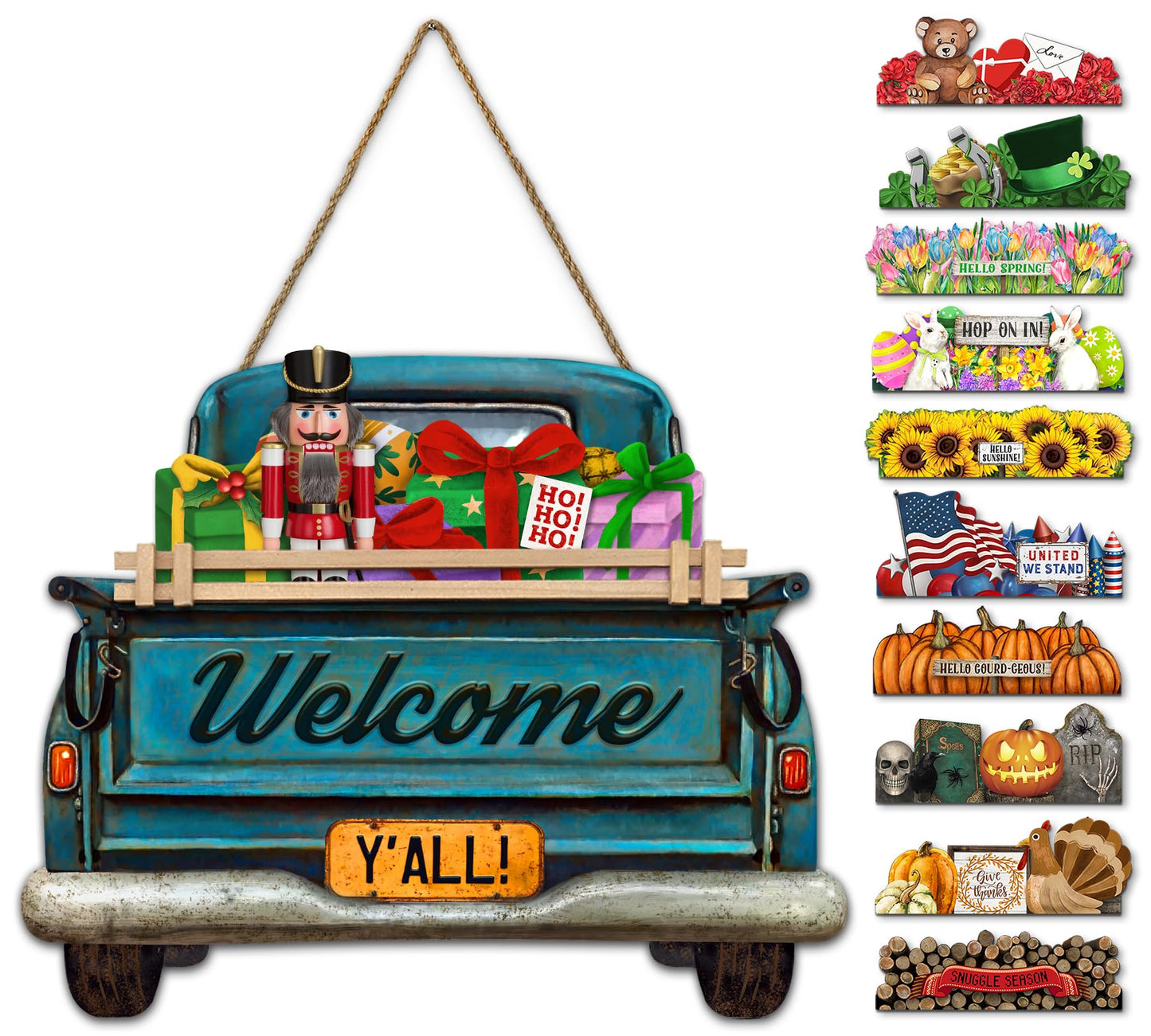 Interchangeable Welcome Sign for Front Door Blue Farmhouse Truck Decor Hanging Sign with 11 Interchangeable Seasonal and Holiday Decor Signs 12x14 in. (Blue Farmhouse Truck)