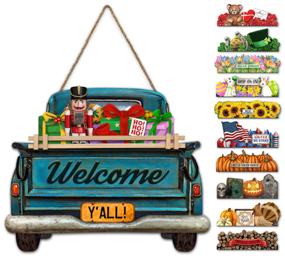 Interchangeable Welcome Sign for Front Door Blue Farmhouse Truck Decor Hanging Sign with 11 Interchangeable Seasonal and Holiday Decor Signs 12x14 in. (Blue Farmhouse Truck)