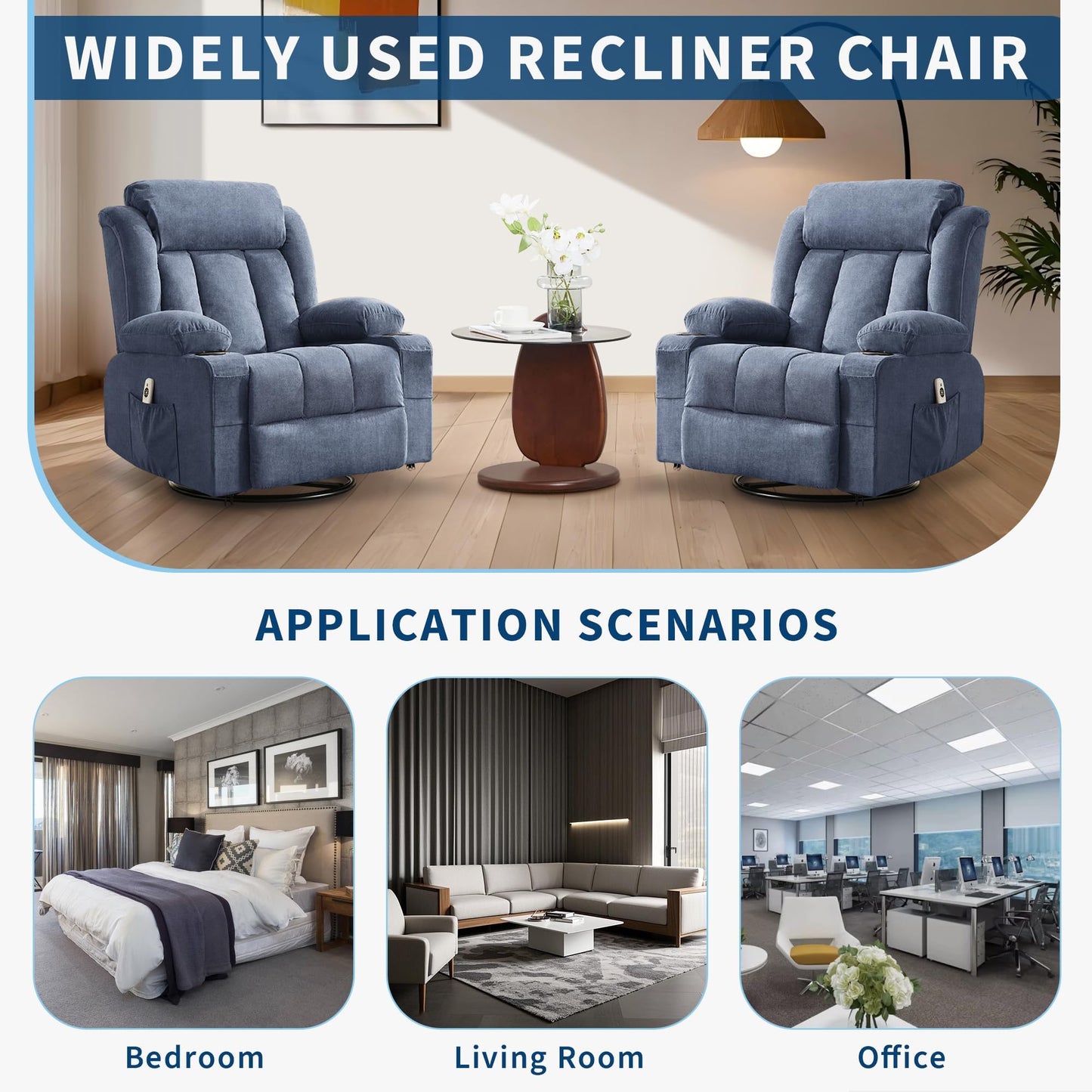Oversized Swivel Rocker Recliner Chair with Heat & Massage, 3-Position Adjustable Nursery Recliner for Adults, Dual Cup Holders, Side Pockets, USB Charging Ports Blue