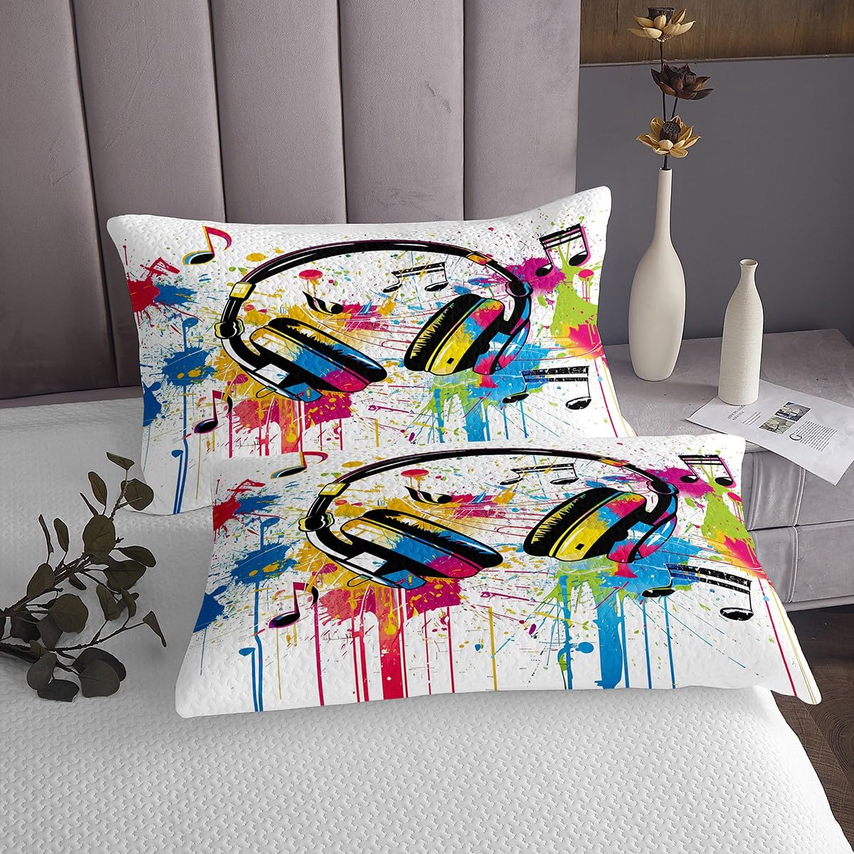 Homewish Cool Headset Bedspread King Size,Video Games Bedding Set 3Pcs for Kids Girls Boys Adult Room Decor,Music Lover Quilt Comforter Fashion Modern Coverlet,2 Pillowcases