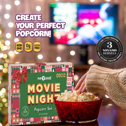 Movie Night Christmas Gifts - Holiday Popcorn Gift Baskets Gift Sets - 5 Non-GMO Gourmet Kernels and 5 Popcorn Flavoring - Perfect Family Gifts ideas for Adults, Couples, Parties, Holidays, or Movie Lovers - 10 Pack