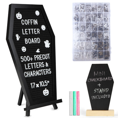 3 in 1 Coffin Letter Board with Precut, Presorted 500 Letters & Emojis + Mini Coffin Board, Gothic Halloween Decor - Spooky 17x10.5 inches Felt Letter Board - Manny's Mysterious Oddities