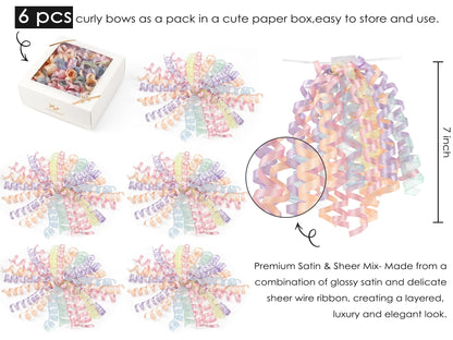 HUIHUANG Pastel Bows for Gift Wrapping 7" Pastel Rainbow Curly Gift Bow Self Adhesive & Twist Tie Ribbon Bows for Presents Gifts Easter Baskets Baby Shower Party Favors- 6 Counts