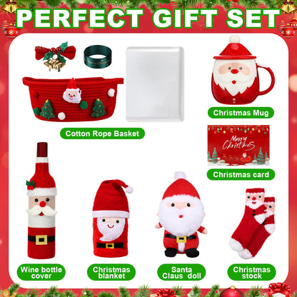 Ferrochef 7 Pcs Christmas Gifts Set for Women 2026 Christmas Gifts Basket with Santa Themed Mug Plush Doll Blanket Wine Bottle Cooler Holiday Card Merry Xmas Gift for Mom Coworker Friend Wife Sister