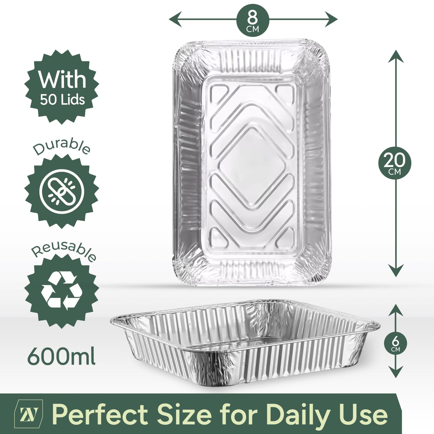 Zuvo 50 Large Aluminium Disposable Reusable Foil Food Container with Lids, 600 milliliters, Silver