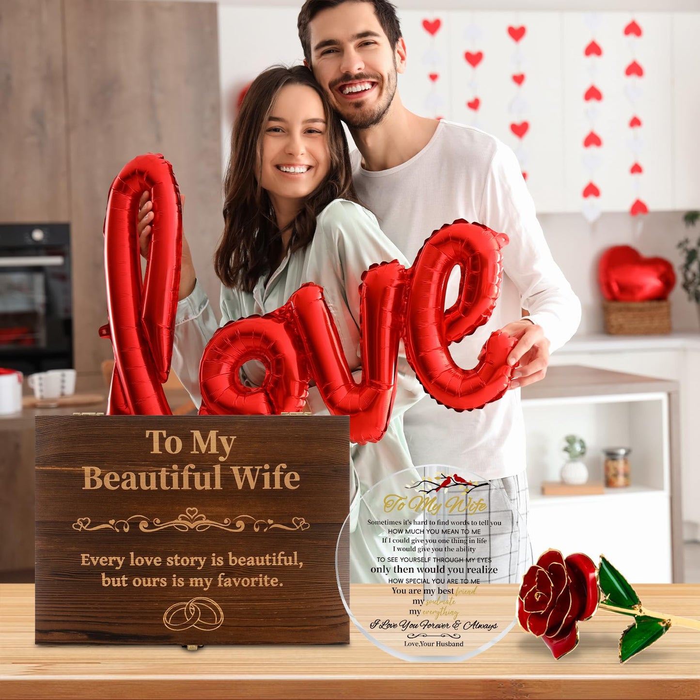 EVA murmure To My Beautiful Wife Women Engraved Wooden Gift Set Includes Crystal Base 24K Gold Dipped Rose for Birthday Gifts & Anniversary