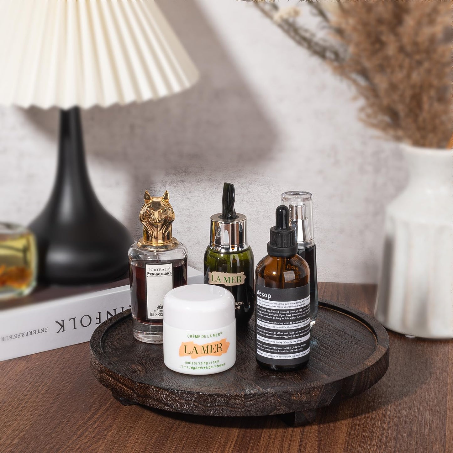 Round Decorative Tray Wood Bathroom Counter Organizer Farmhouse Kitchen Decor Wooden Riser for Soap Dish, Perfume, Candle, Sponge, 10" - Dark Brown