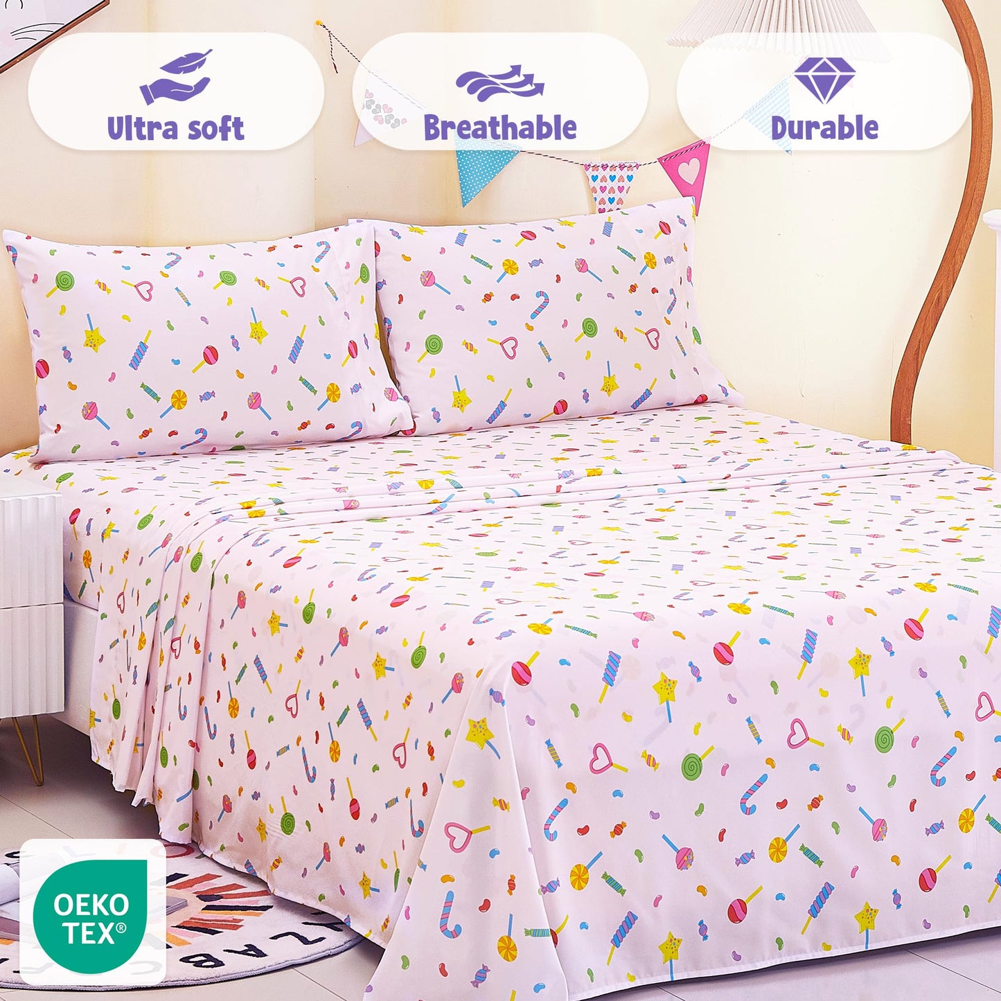 CozySmile Twin Sheet Set Kids,3 Pieces Breathable Soft Microfiber Bedsheets for Child Girls, Oeko-TEX, Anti Pilling Deep Pockets Easy Care Bed Sheets, Candy