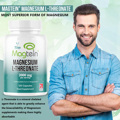 Vinco Magtein® Magnesium L-Threonate Supplement - 120 High Strength Magnesium L Threonate Capsules - 2000mg Bioavailable Form of Magnesium per Serving - Non-GMO & Gluten Free – Made in The UK