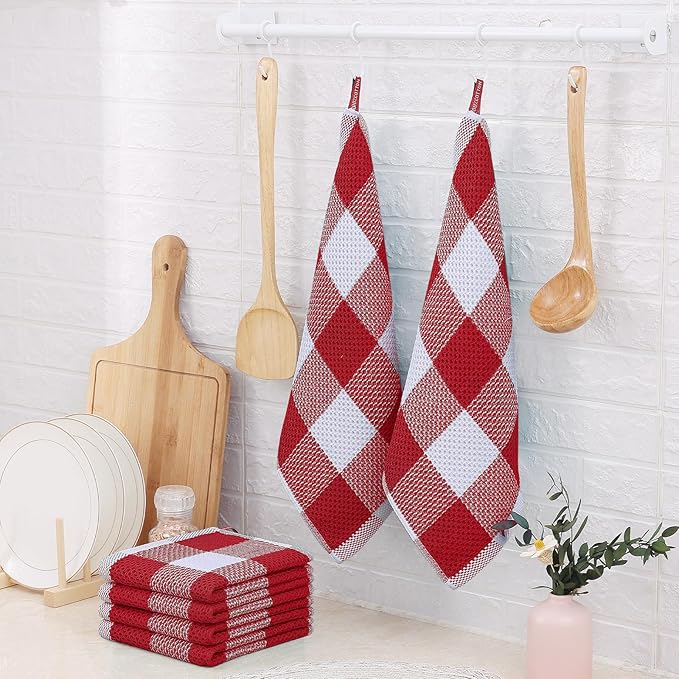 Homaxy 100% Cotton Waffle Weave Check Plaid Dish Cloths, 12 x 12 Inches