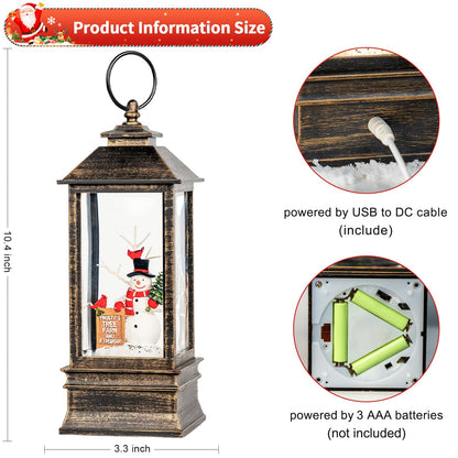 10" Christmas Snow Globe Lantern with Farm Snowman，Lighted Swirling Glittering Snow Globes with Music & Timer, Christmas Decorations for Home Tabletop Indoor