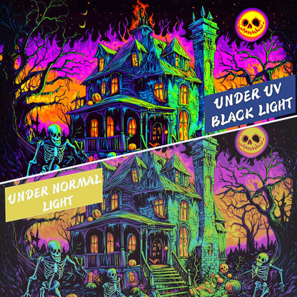 BSFHH Black Light Tapestry – UV Reactive Glow in the Dark Wall Hanging, Spooky Night Scene with Ghosts & Pumpkins, Haunting Home Decor for Parties, Bedroom, or Dorm (Ghost House, 90L x 70W, Unframed)