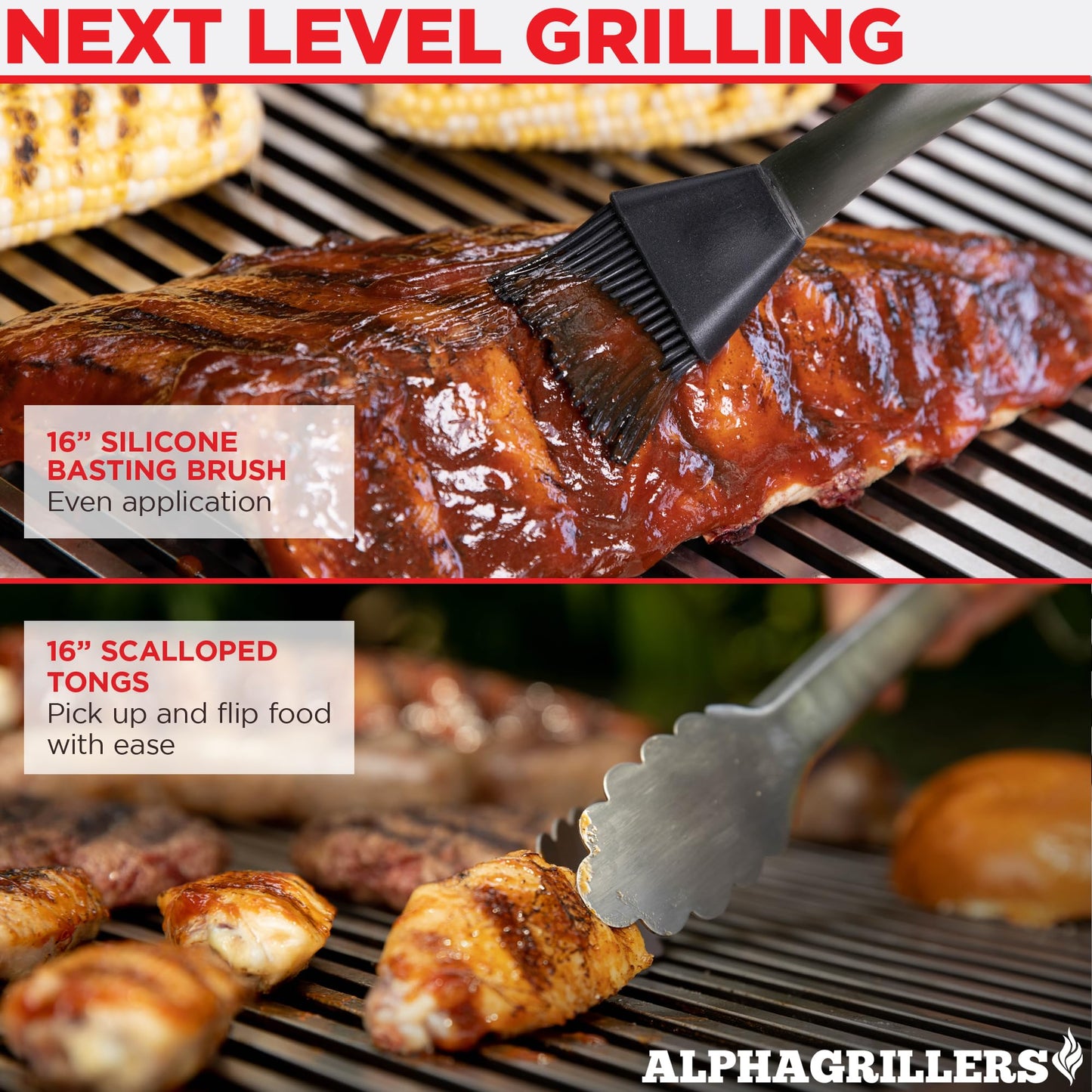 Alpha Grillers Grill Set Heavy Duty BBQ Accessories - BBQ Tool Set 4pc Grill Accessories with Spatula, Fork, Brush & BBQ Tongs - Gifts for Dad Durable, Stainless Steel Grill Tools
