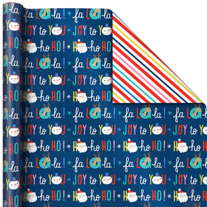 Hallmark Reversible Christmas Wrapping Paper for Kids (3 Rolls: 120 Sq. Ft. Total) Snowmen, Stripes, Trees, Skiing Santa, Zebras, Hedgehogs, Penguins