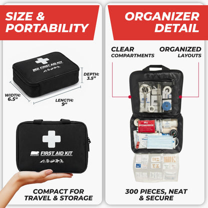 M2 BASICS 300 Piece First Aid Kit, 40 Items, Compact Emergency Medical Kit with Durable Carry Bag for Home, Car, Travel, Office, Camping