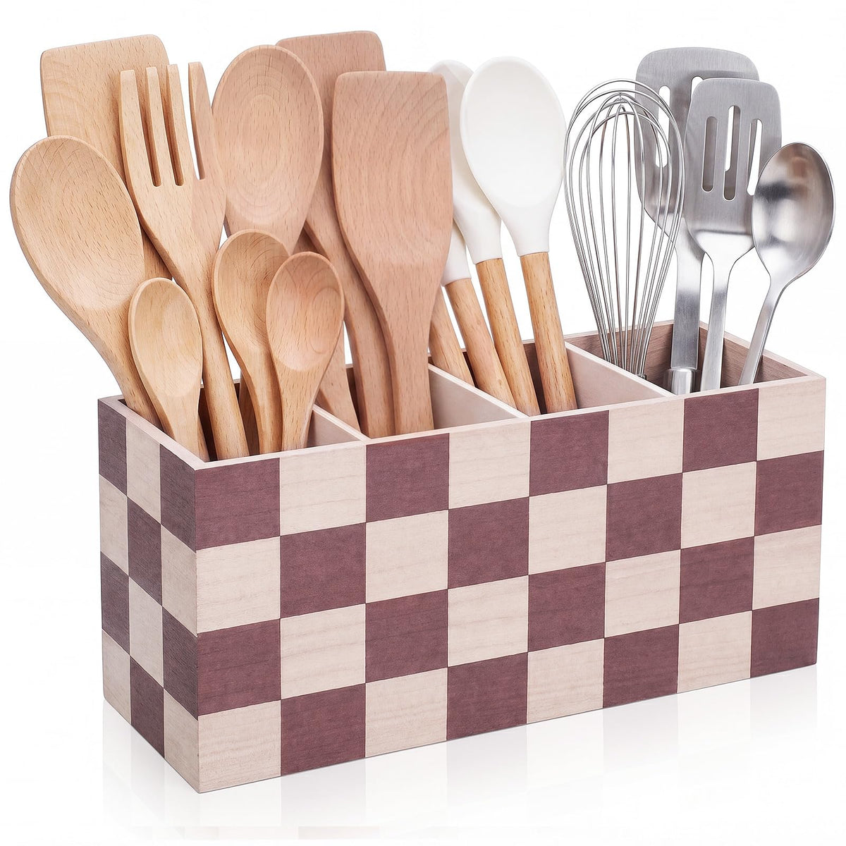 RoRofunny Extra Large Checkerboard Wooden Utensil Holder with 4 Compartments, 15.7" Long Farmhouse Kitchen Organizer, Rustic Cooking Tools Caddy for Countertop Spatulas Spoons Whisks