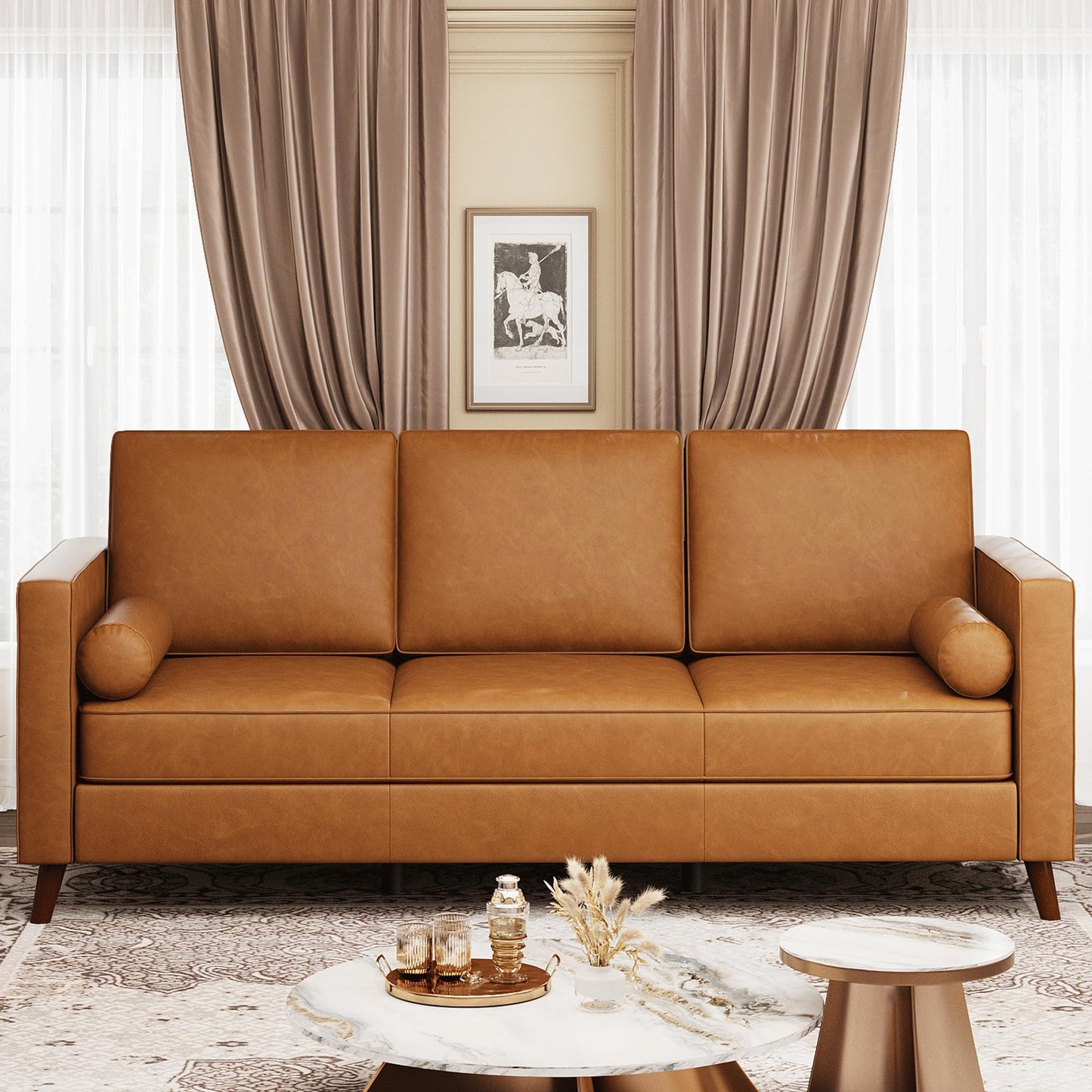 GarveeHome 86" Modern Leather Sofa for Living Room, Mid-Century Couch with Deep Seats, Brown Faux Leather Couch, 3 Seat Sofa with Removable Cover for Apartment, Office, Cognac Tan
