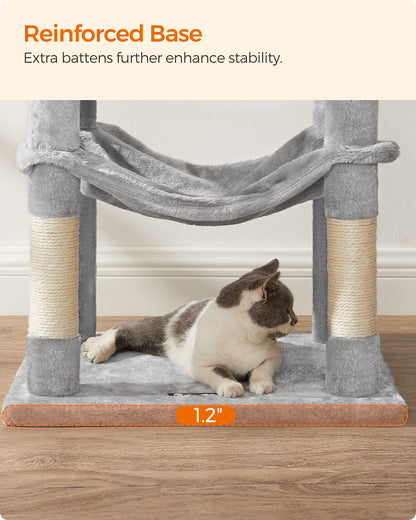 Feandrea Cat Tree, 143 cm Multi-Level Plush Cat Condo with 4 Scratching Posts, 2 Perches, Cave, Hammock, Pompoms, Light Grey