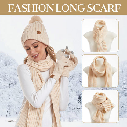 Coolprince Womens Long Scarf Gloves and Hat Set Cold Weather Hat Scarf Glove Set for Women Winter Beanie Hats with Pom Pom Apricot