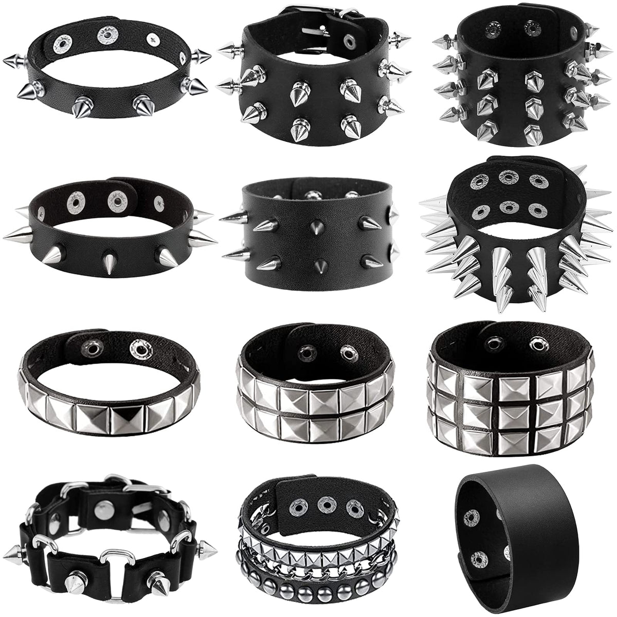 NEWITIN 12 Pieces PU Leather Bracelets Punk Bracelet Adjustable Goth Cuff Bracelet Gothic Rivet Buckle Wristbands Black Bracelets for Men Women