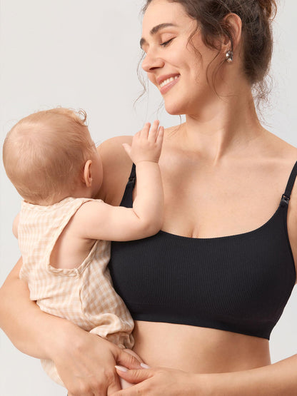 MOMANDA Women's Ribbed Nursing Bras Seamless Bralettes Maternity Wirefree Sports Breastfeeding Bra Black 2 M