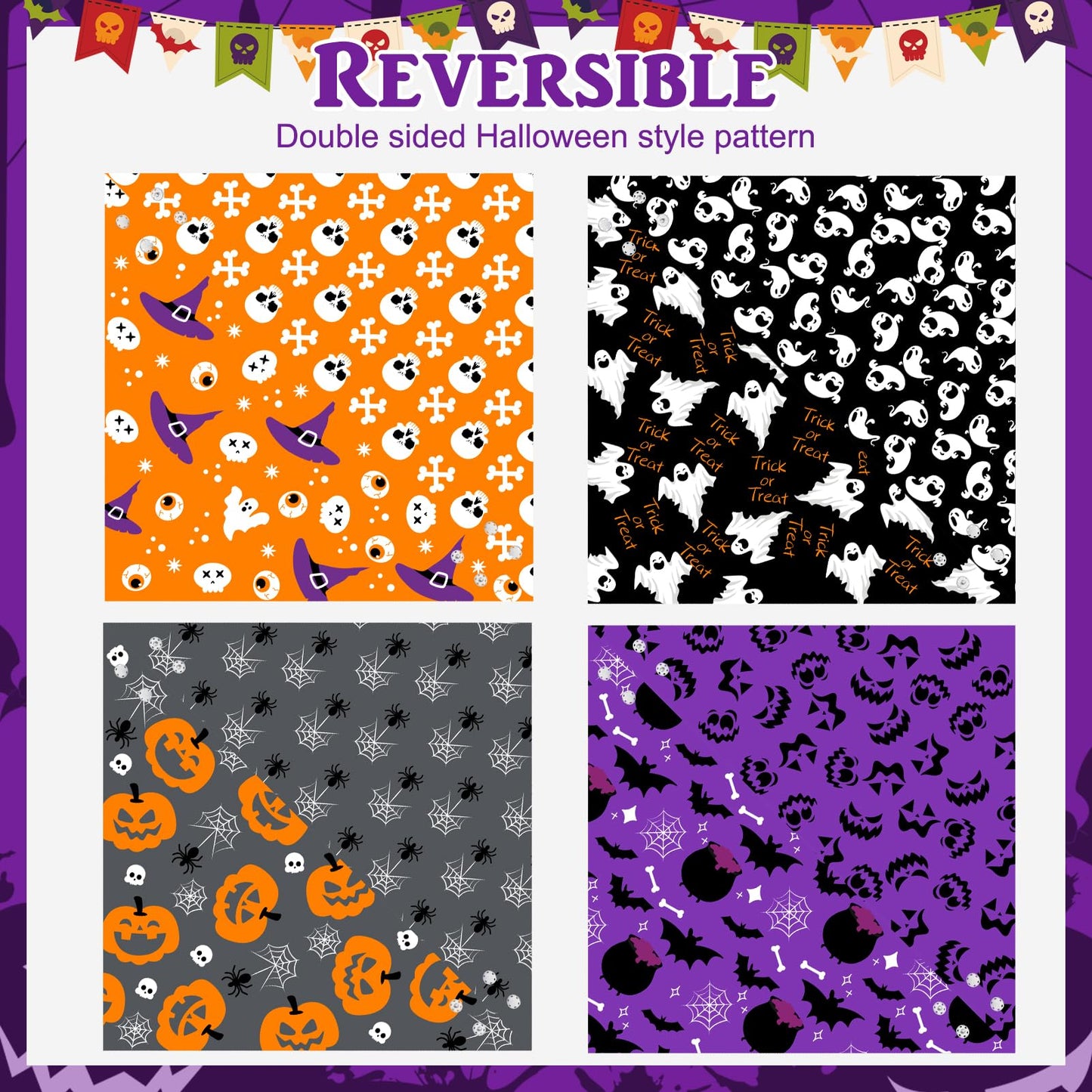 PAWCHIE Halloween Bandanas 4 Pack, Reversible Pumpkin Dog Scarf Bibs, Dog Holiday Costume Set with Two Adjustable Snaps, Multiple Halloween-Themed Patterns for Puppy, Cats, Pets
