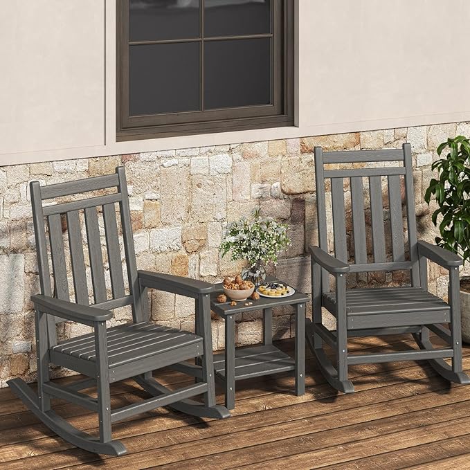 HDPE Rocking Chair Outdoor Set of 2 with Side Table - Poly High Back Porch Rocker Chairs for Adults - All Weather Resistant Furniture for Patio Front Porch - Gray
