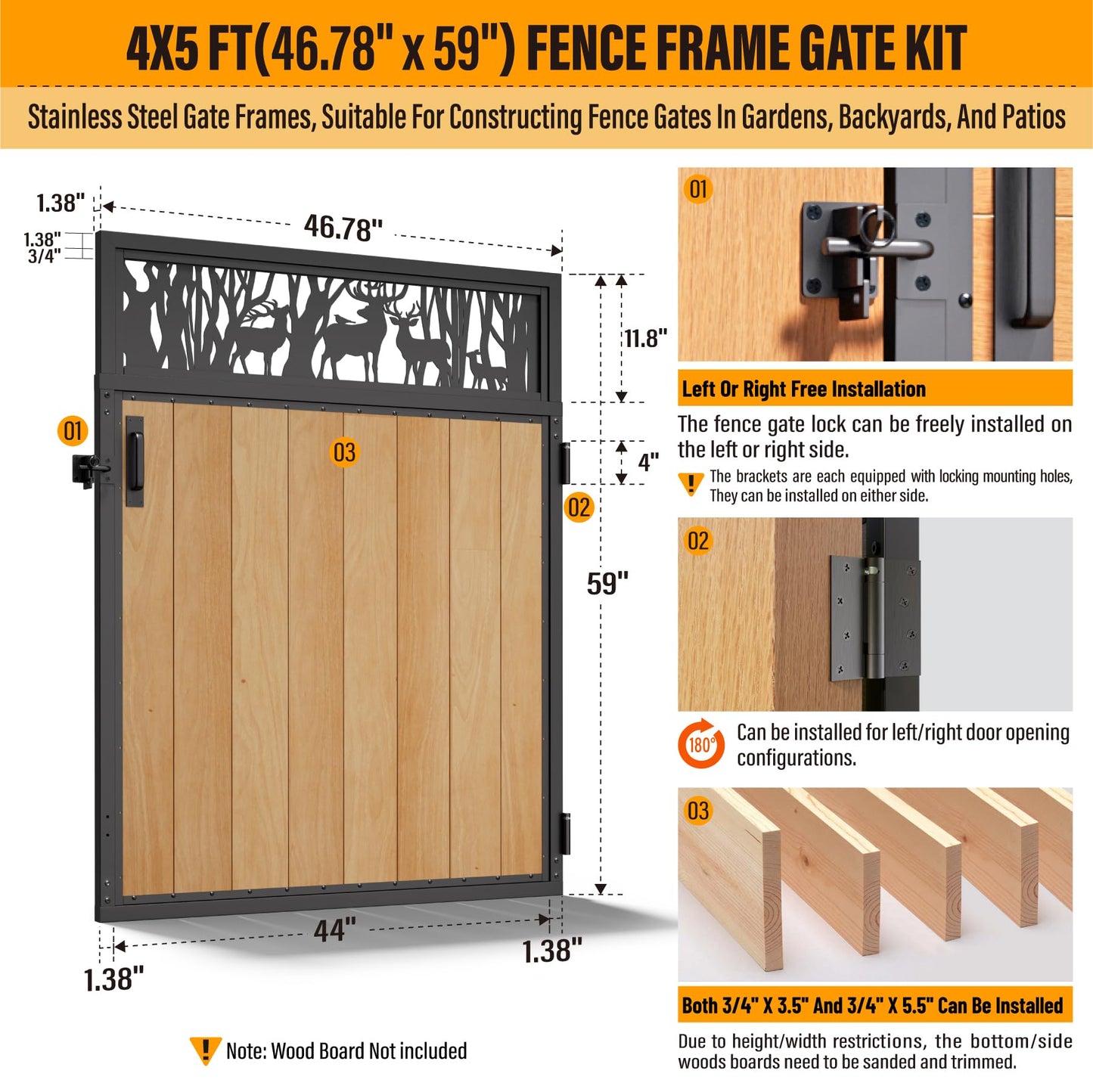 Bitals 4x5FT Fence Gate Frame Kit 201 Stainless Steel Anti-Sag Heavy Duty Garden Gate Reinforcement Hardware, Left/Right Mount (No Panels Included)(46.78"W x 59.0"H)
