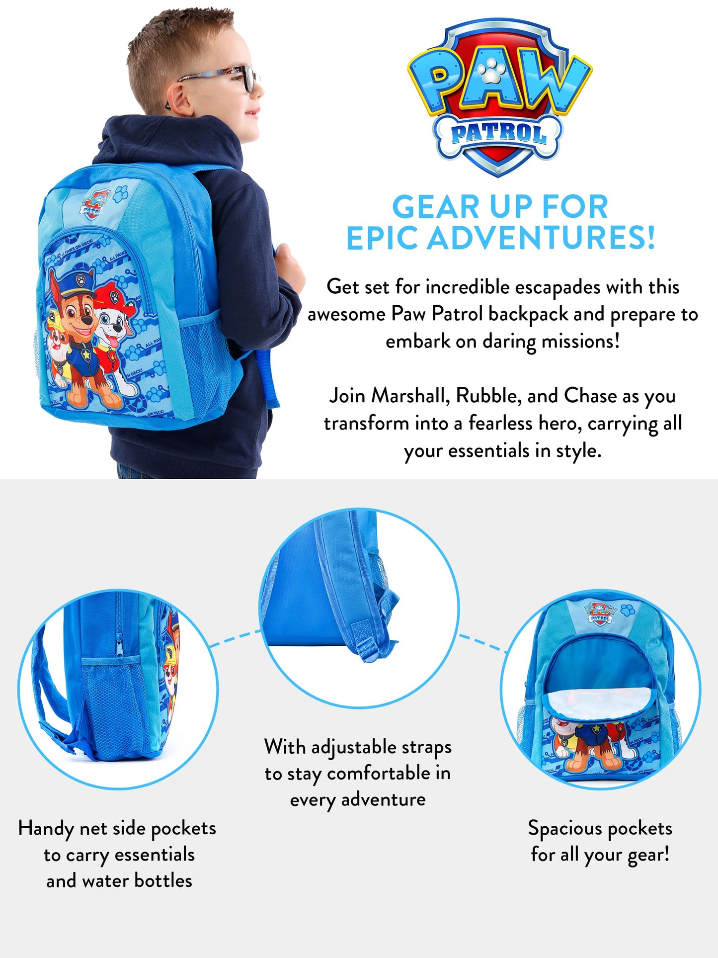 Paw Patrol Backpack | Chase Rubble Marshall Boys Rucksack | Kids School Bag