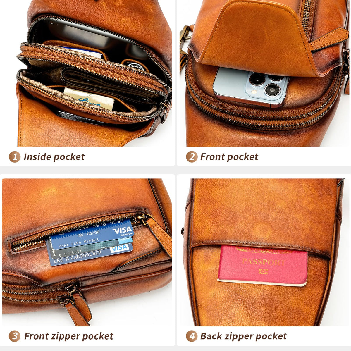 NIUCUNZH Genuine Leather Crossbody Sling Bag Handmade Classic Vintage Shoulder purse daypack Backpack Brown